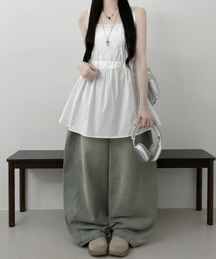 [레이어드/끈조절]핀턱레이스코튼스트링프릴레이어드미니끈원피스(2color) 화이트