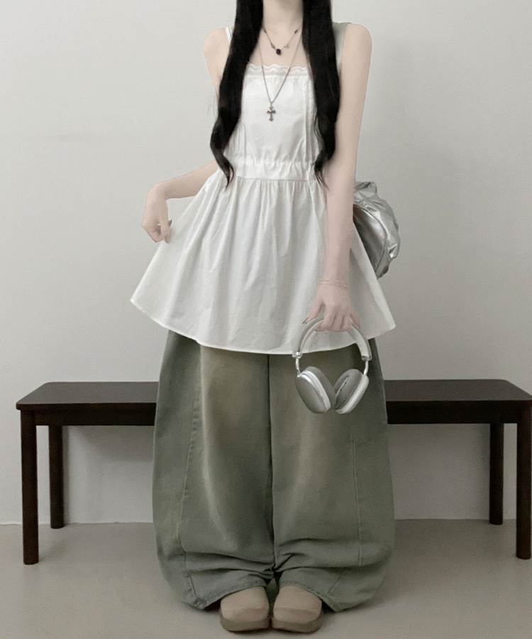 [레이어드/끈조절]핀턱레이스코튼스트링프릴레이어드미니끈원피스(2color) 화이트