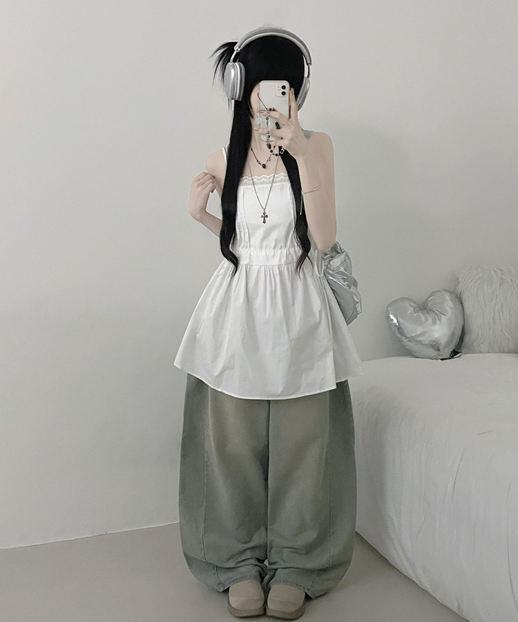 [레이어드/끈조절]핀턱레이스코튼스트링프릴레이어드미니끈원피스(2color) 화이트