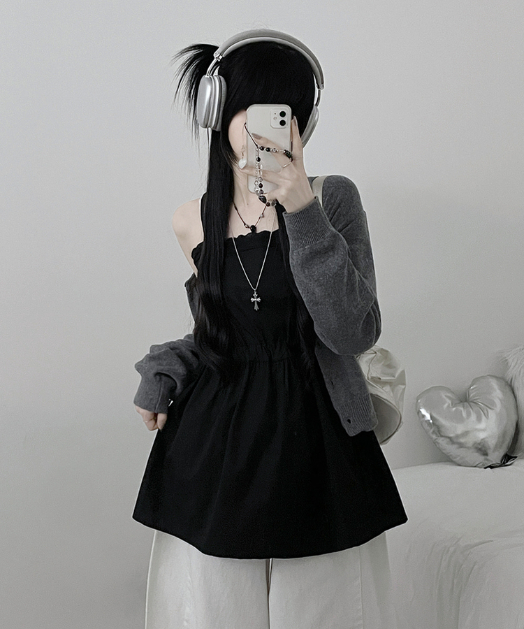 [레이어드/끈조절]핀턱레이스코튼스트링프릴레이어드미니끈원피스(2color) 블랙