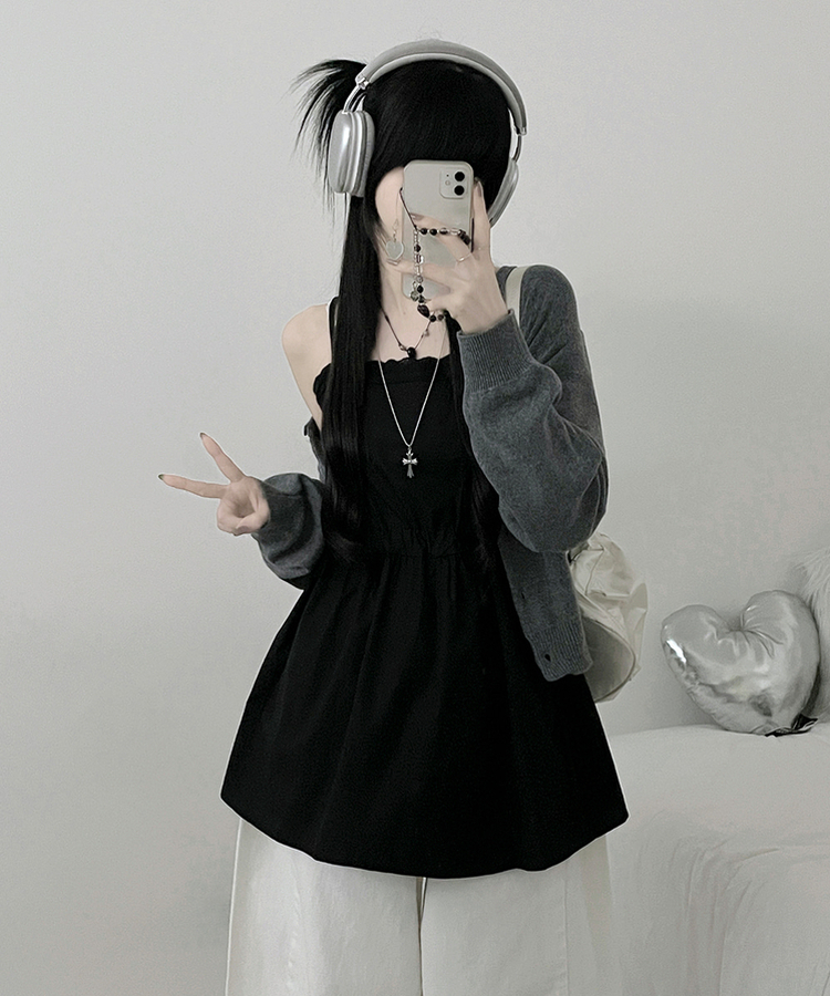 [레이어드/끈조절]핀턱레이스코튼스트링프릴레이어드미니끈원피스(2color) 블랙