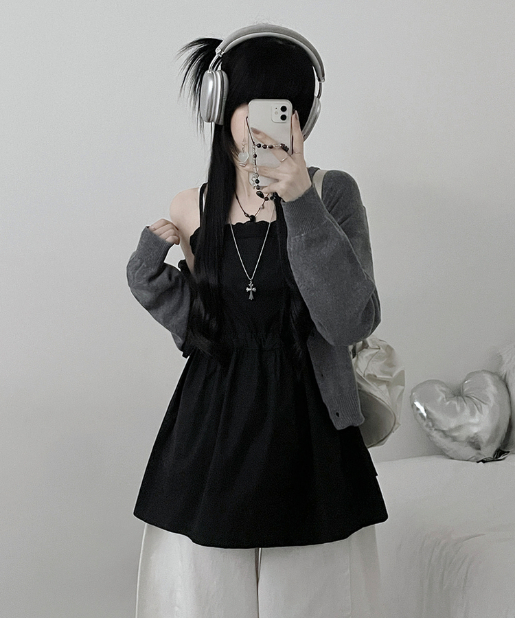 [레이어드/끈조절]핀턱레이스코튼스트링프릴레이어드미니끈원피스(2color) 블랙