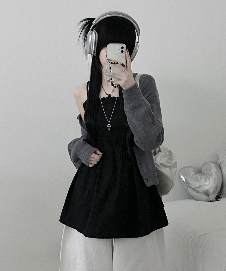 [레이어드/끈조절]핀턱레이스코튼스트링프릴레이어드미니끈원피스(2color) 블랙