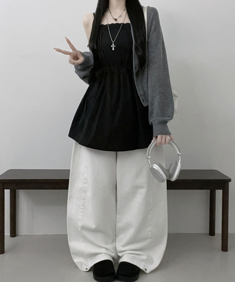 [레이어드/끈조절]핀턱레이스코튼스트링프릴레이어드미니끈원피스(2color) 블랙