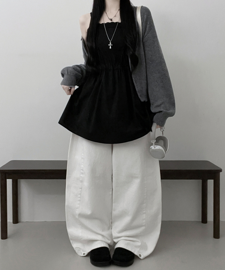 [레이어드/끈조절]핀턱레이스코튼스트링프릴레이어드미니끈원피스(2color) 블랙