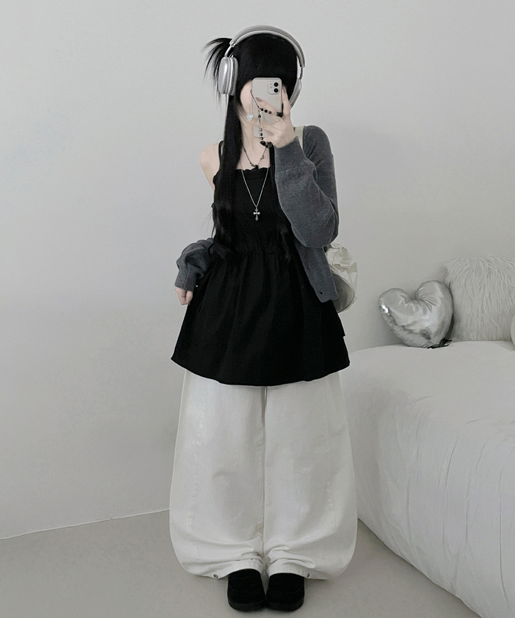 [레이어드/끈조절]핀턱레이스코튼스트링프릴레이어드미니끈원피스(2color) 블랙