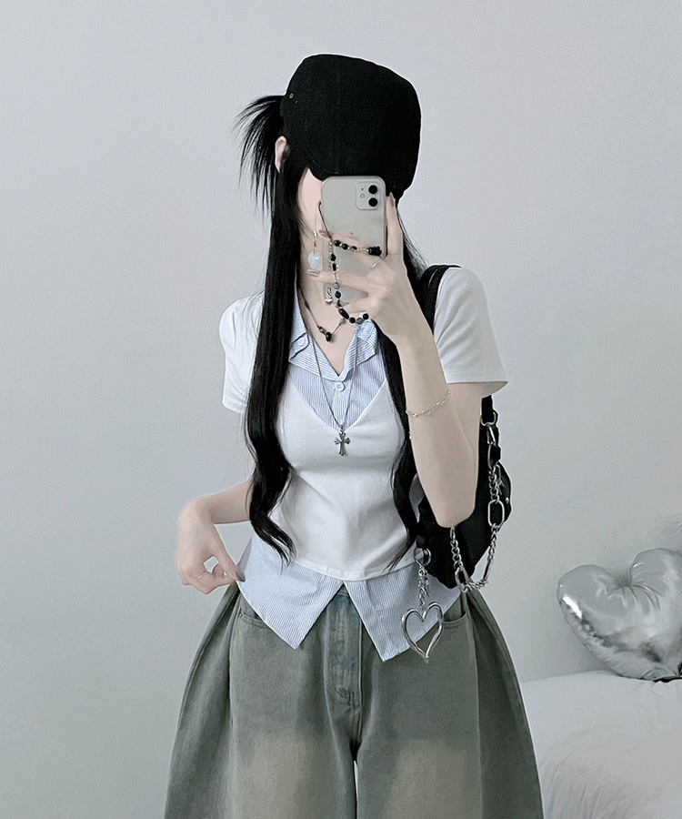 반팔ver오카스트라이프셔츠레이어드브이넥반팔티 화이트