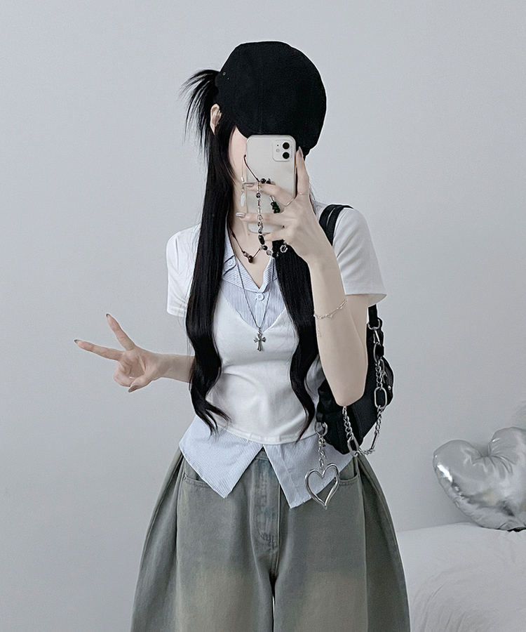 반팔ver오카스트라이프셔츠레이어드브이넥반팔티 화이트