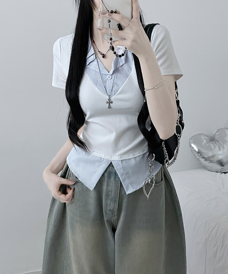 반팔ver오카스트라이프셔츠레이어드브이넥반팔티 화이트