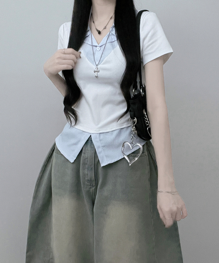 반팔ver오카스트라이프셔츠레이어드브이넥반팔티 화이트