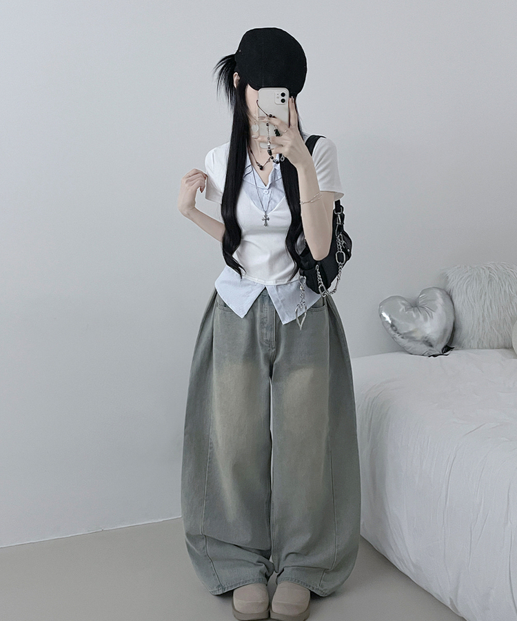 반팔ver오카스트라이프셔츠레이어드브이넥반팔티 화이트