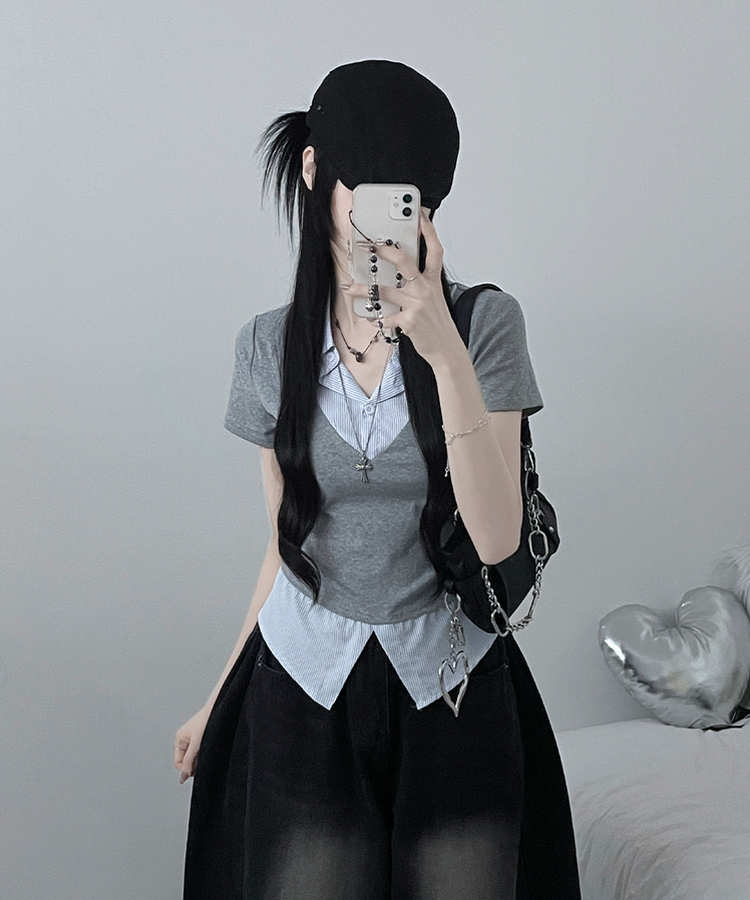 반팔ver오카스트라이프셔츠레이어드브이넥반팔티 그레이