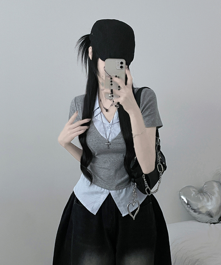 반팔ver오카스트라이프셔츠레이어드브이넥반팔티 그레이