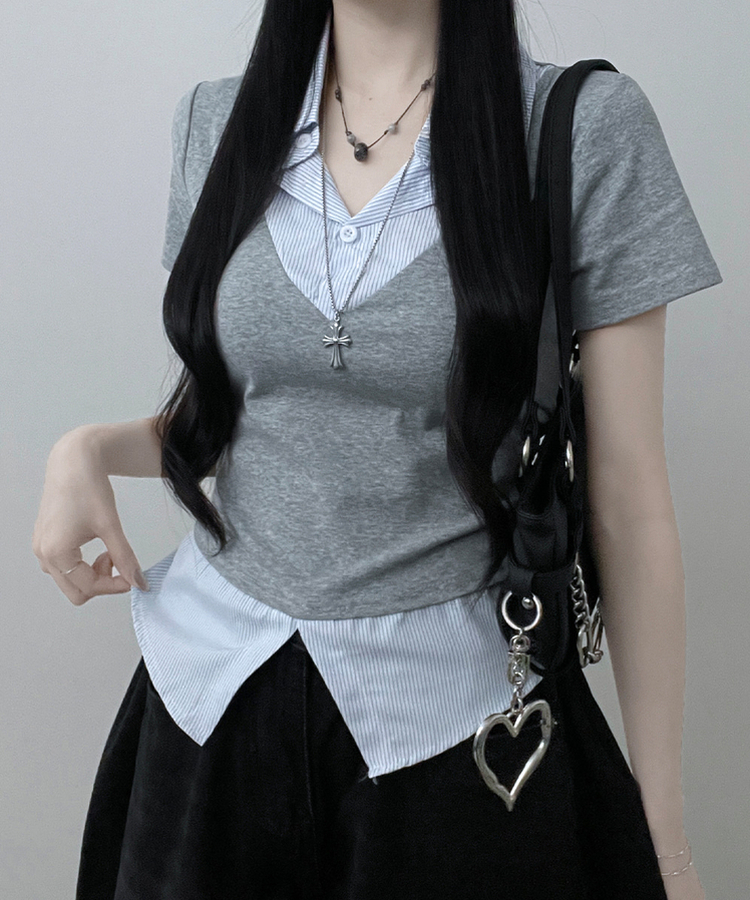 반팔ver오카스트라이프셔츠레이어드브이넥반팔티 그레이