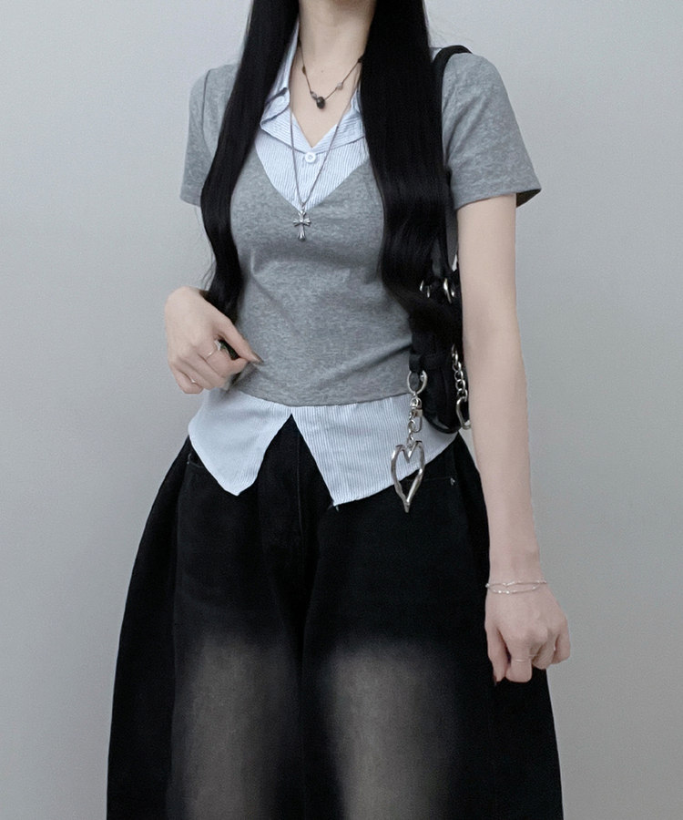 반팔ver오카스트라이프셔츠레이어드브이넥반팔티 그레이