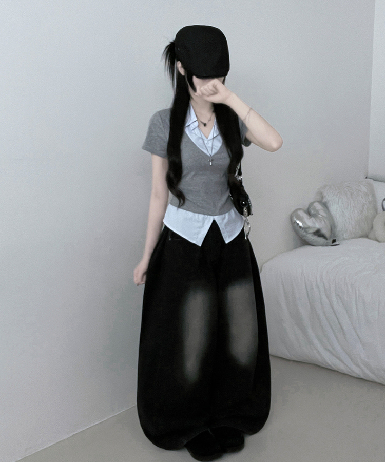 반팔ver오카스트라이프셔츠레이어드브이넥반팔티 그레이