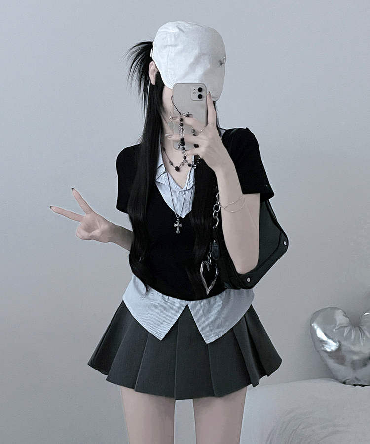 반팔ver오카스트라이프셔츠레이어드브이넥반팔티 블랙