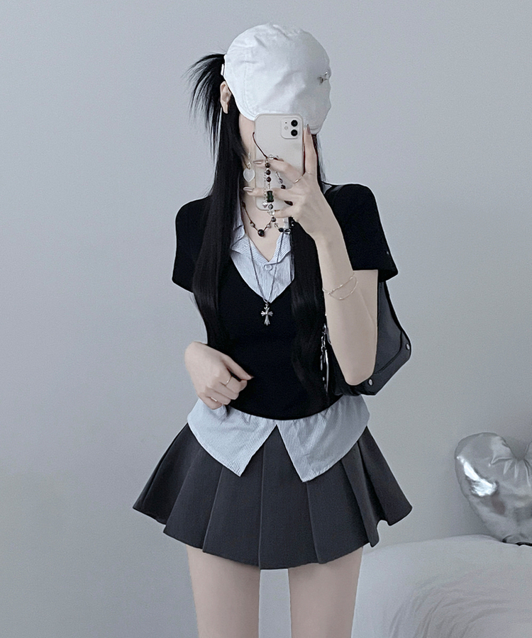 반팔ver오카스트라이프셔츠레이어드브이넥반팔티 블랙