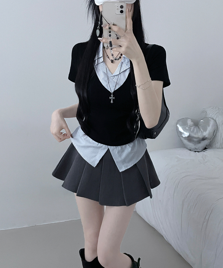 반팔ver오카스트라이프셔츠레이어드브이넥반팔티 블랙