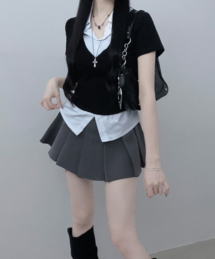 반팔ver오카스트라이프셔츠레이어드브이넥반팔티 블랙