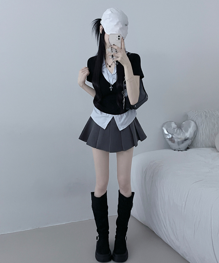 반팔ver오카스트라이프셔츠레이어드브이넥반팔티 블랙