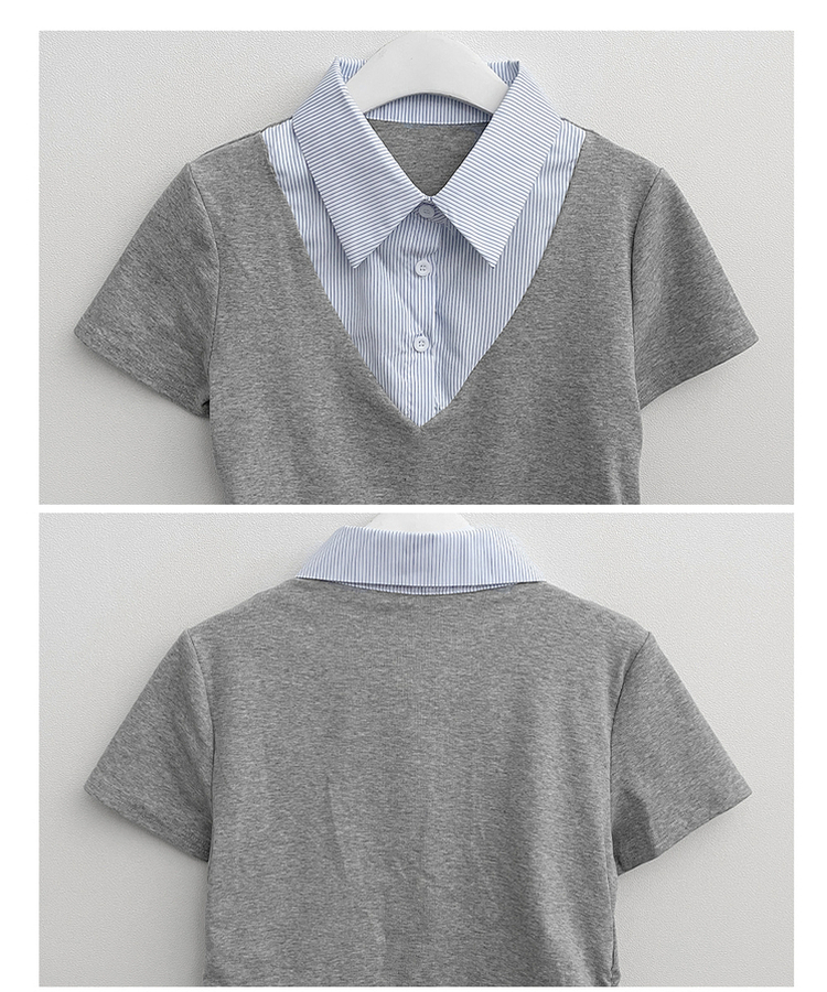 반팔ver오카스트라이프셔츠레이어드브이넥반팔티