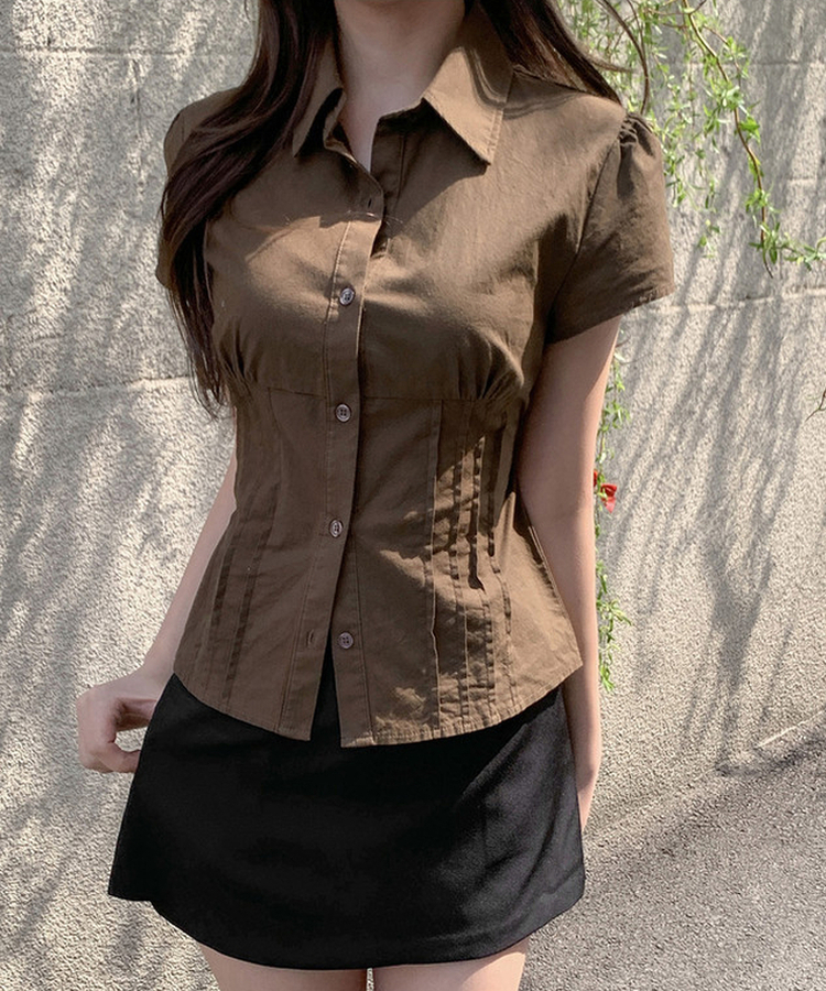 ピンテック半袖シャツブラウス(5color) BROWN