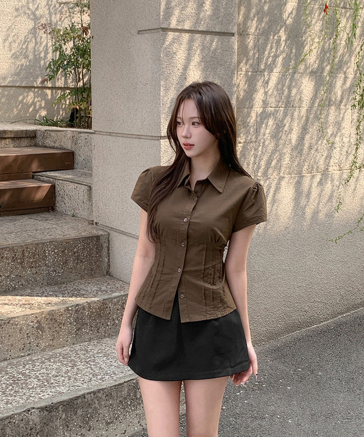 ピンテック半袖シャツブラウス(5color) BROWN