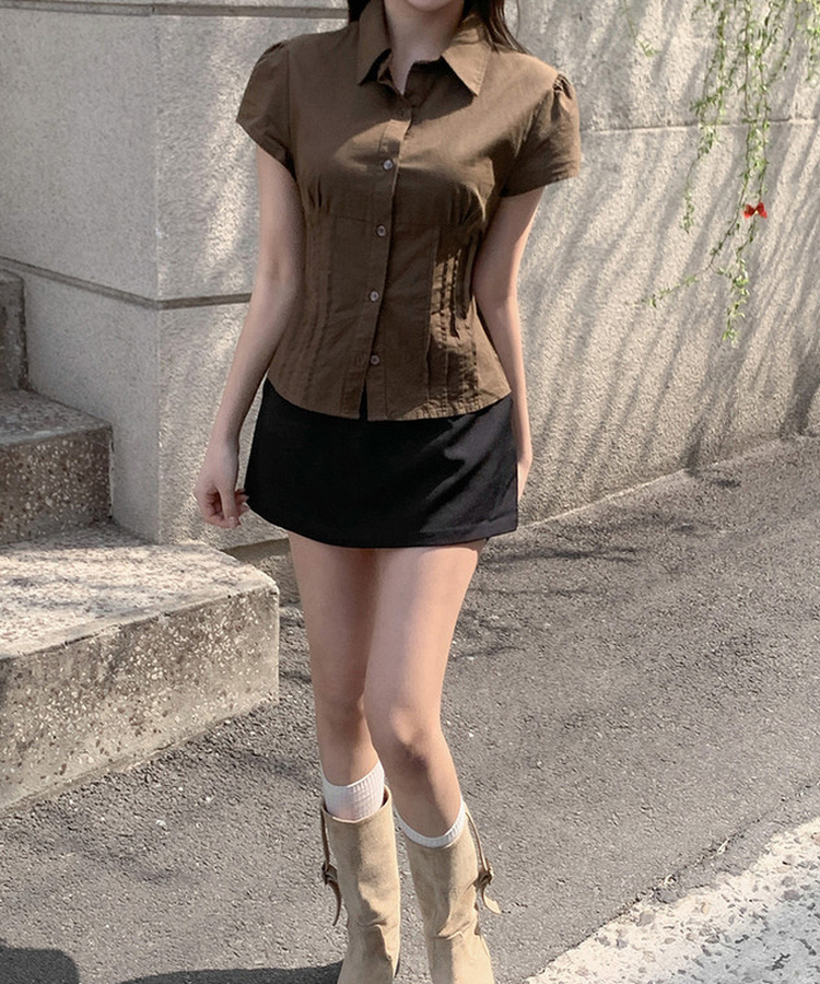 ピンテック半袖シャツブラウス(5color) BROWN