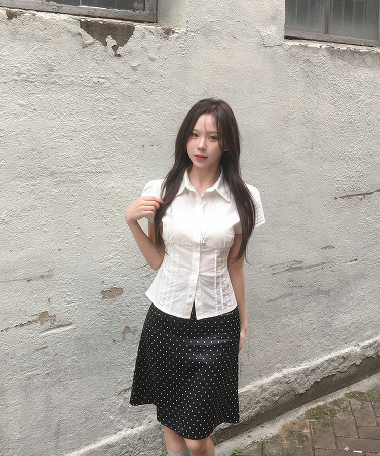 ピンテック半袖シャツブラウス(5color) IVORY