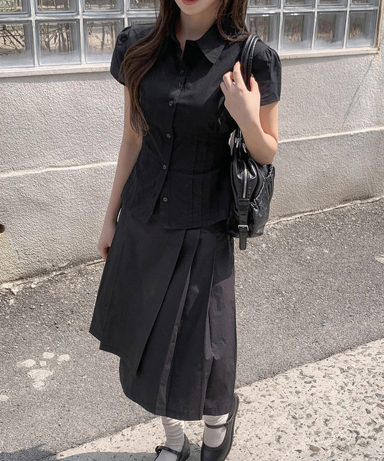 ピンテック半袖シャツブラウス(5color) BLACK