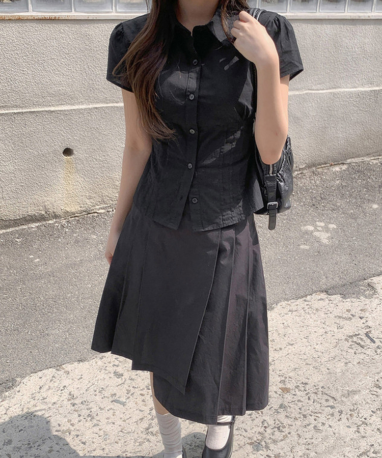 ピンテック半袖シャツブラウス(5color) BLACK