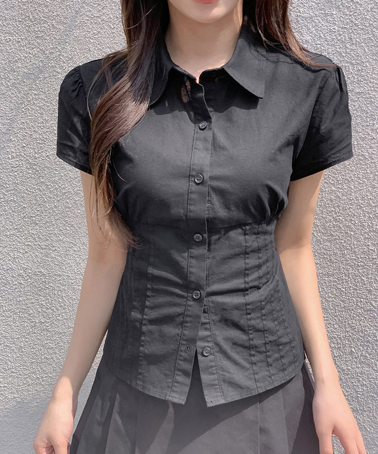 ピンテック半袖シャツブラウス(5color) BLACK