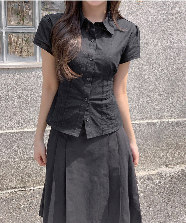 ピンテック半袖シャツブラウス(5color) BLACK