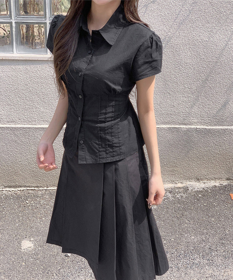 ピンテック半袖シャツブラウス(5color) BLACK