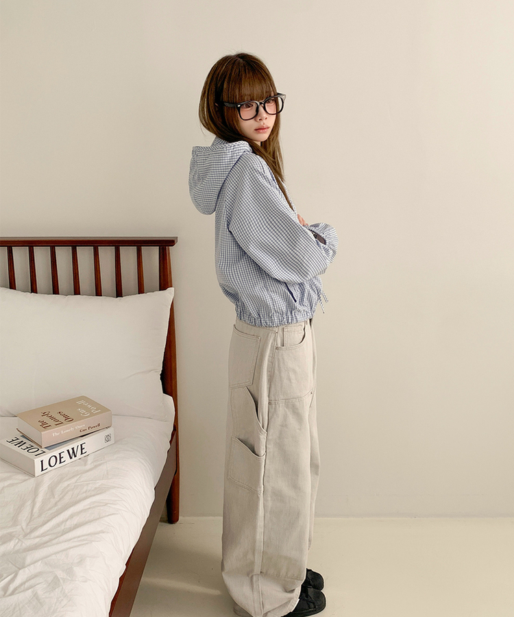 チェック刺繍フードウインドブレーカー SKY BLUE