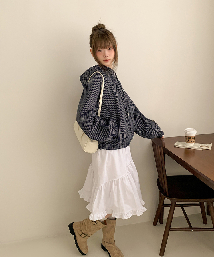 チェック刺繍フードウインドブレーカー NAVY