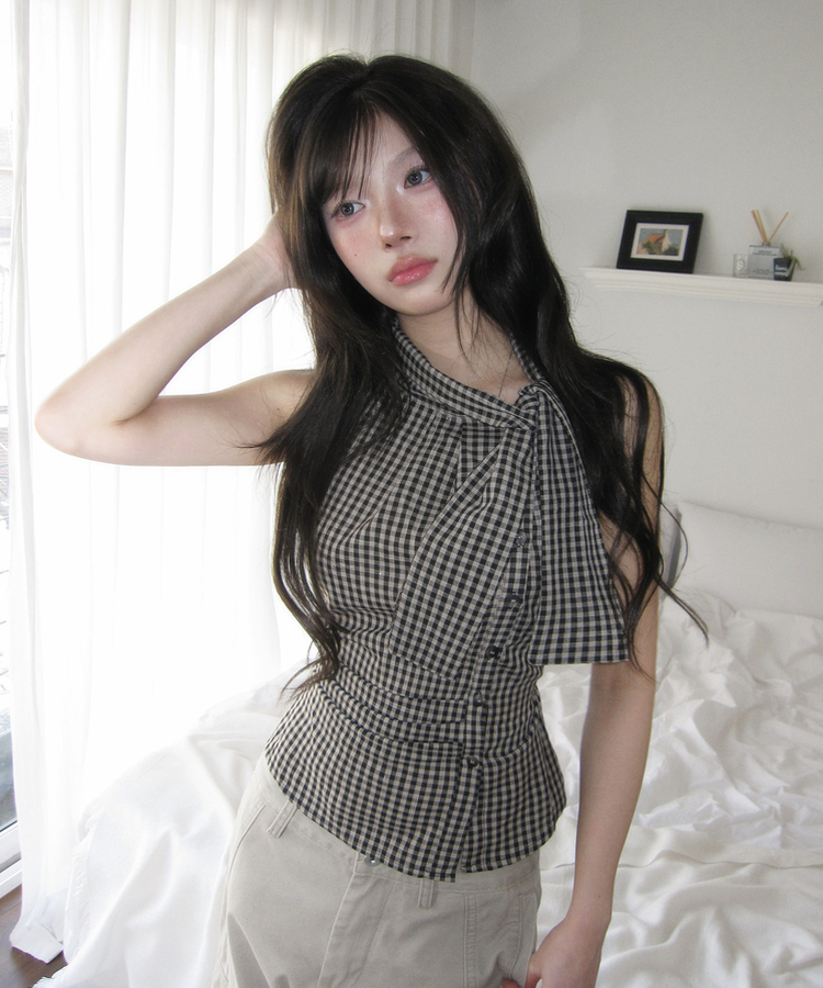 リボンチェックノースリーブブラウス BLACK