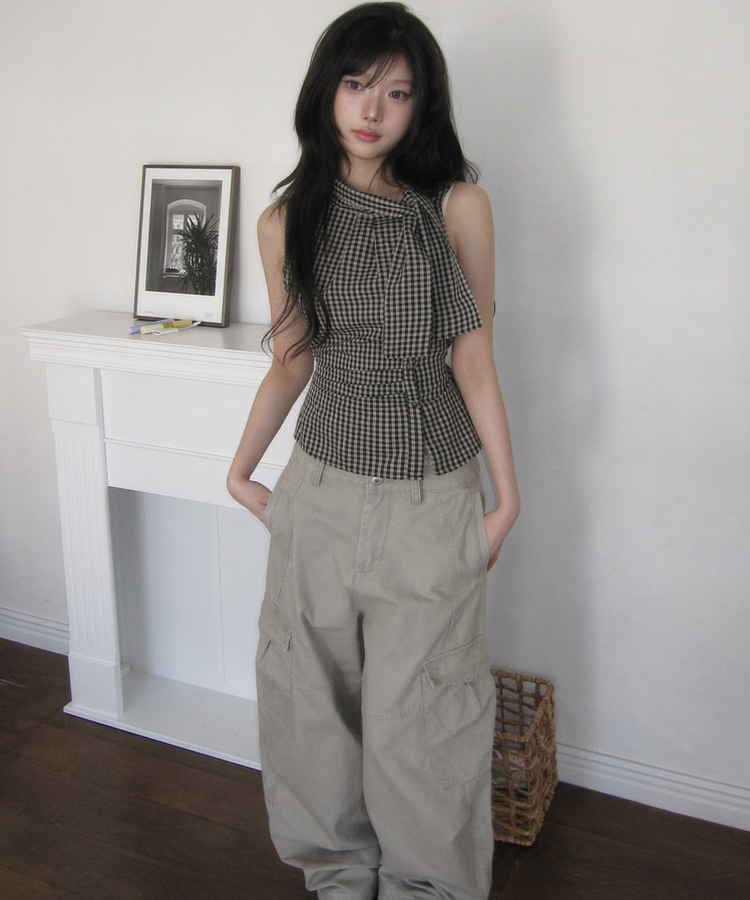 リボンチェックノースリーブブラウス BLACK