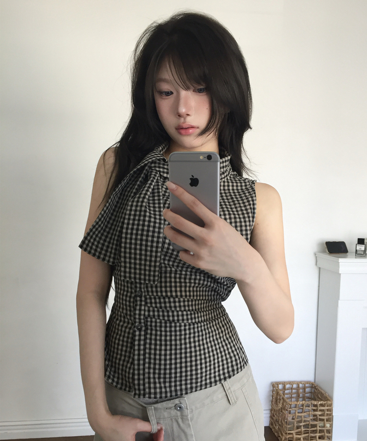 リボンチェックノースリーブブラウス BLACK