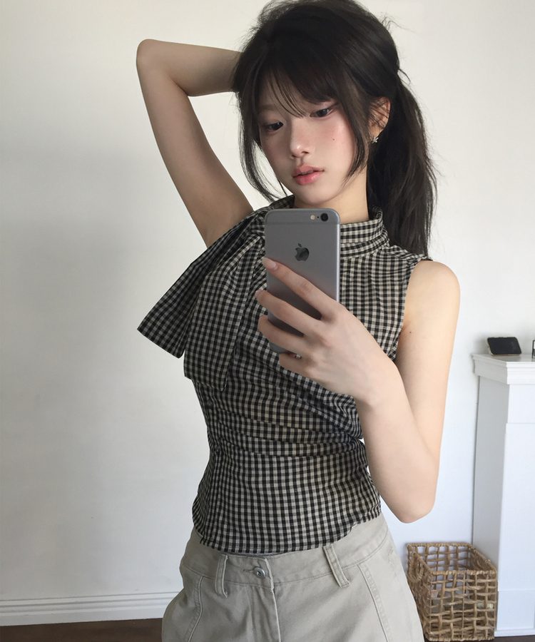 リボンチェックノースリーブブラウス BLACK