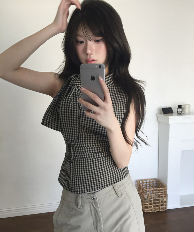 リボンチェックノースリーブブラウス BLACK