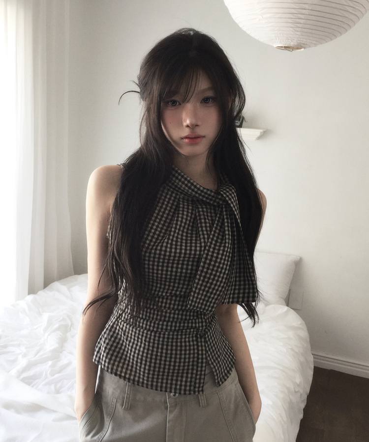 リボンチェックノースリーブブラウス BLACK