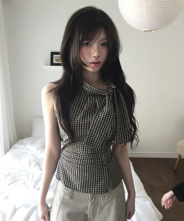 リボンチェックノースリーブブラウス BLACK