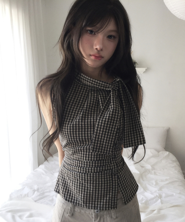 リボンチェックノースリーブブラウス BLACK