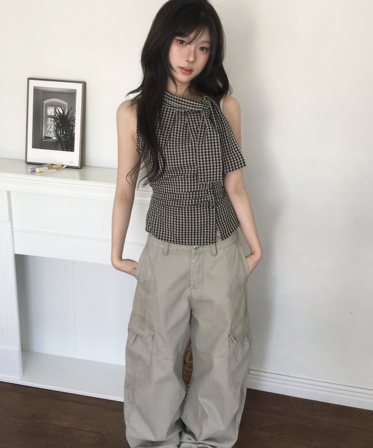 リボンチェックノースリーブブラウス BLACK