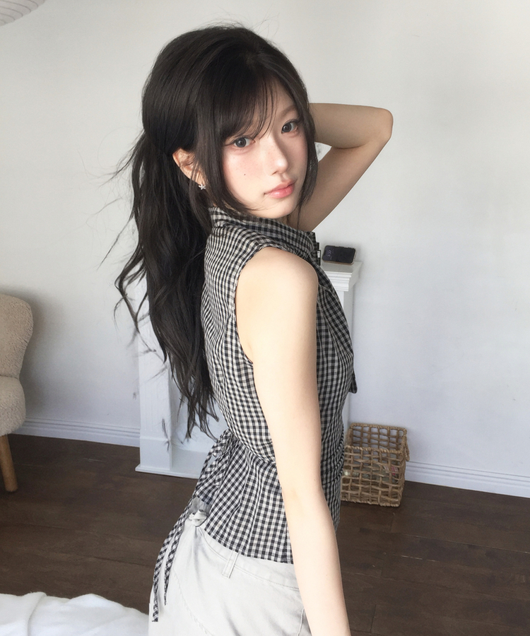 リボンチェックノースリーブブラウス BLACK