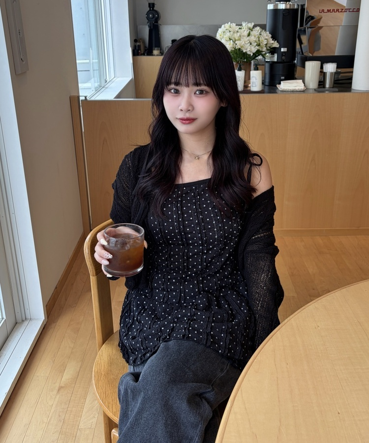 도트 리본 끈 미니 원피스 블랙