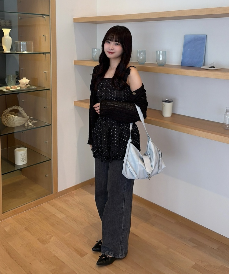 도트 리본 끈 미니 원피스 블랙