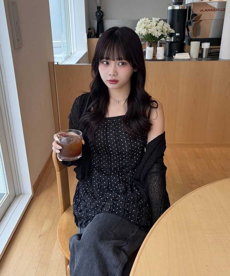 도트 리본 끈 미니 원피스 블랙